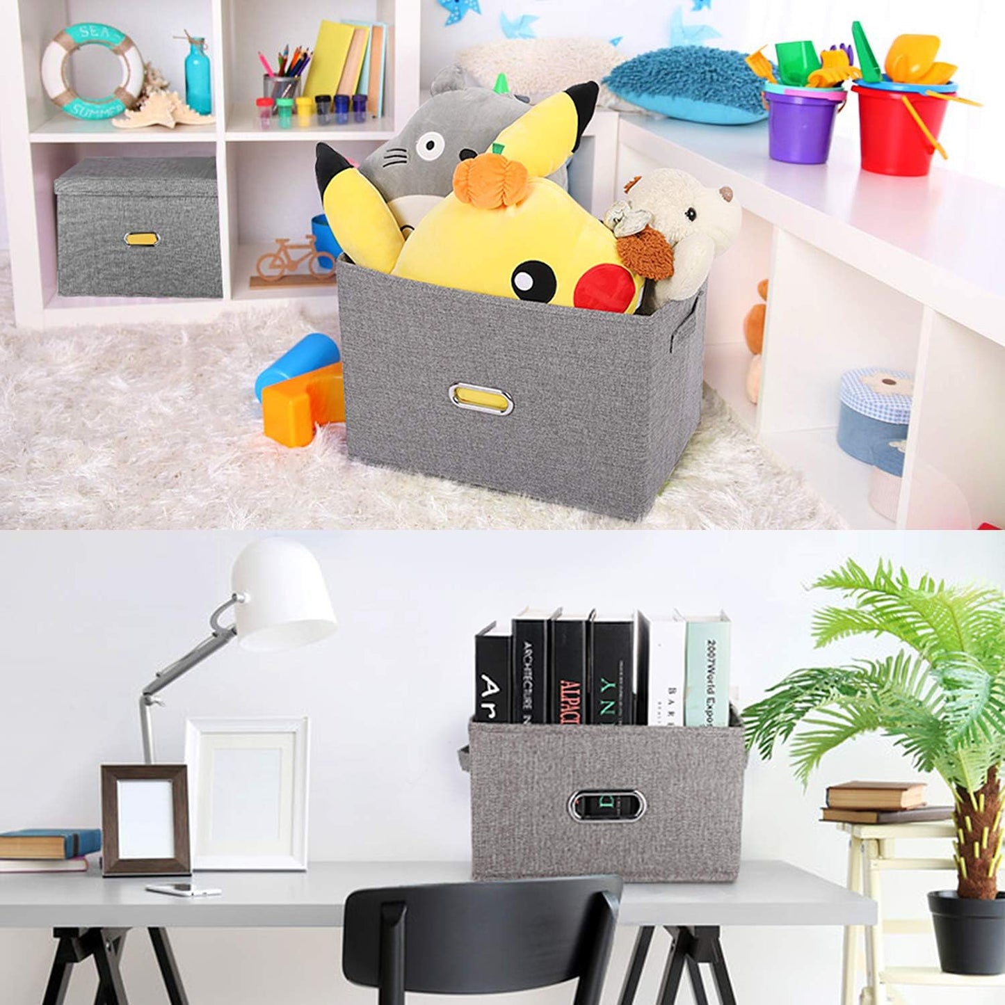 Linen Fabric Collapsible Storage Bins with Removable Lids and Handles, Washable Storage Box Containers Baskets Cube with Cover for Bedroom,Closet,Office,Living Room,Nursery (Grey, Small)