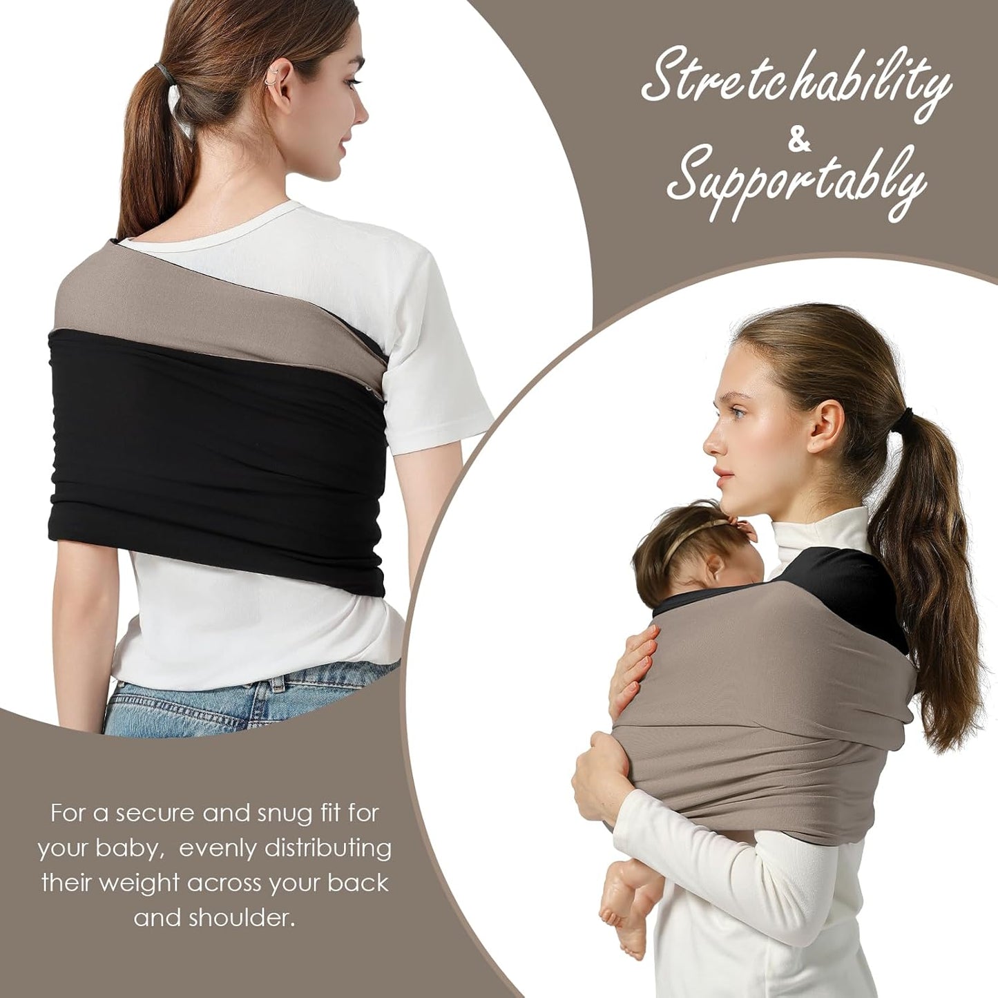 Baby Wrap Carrier, Lightweight Baby Wearing Wraps for Newborn and Infant, Soft Swaddle Holder Carrier, Cozy Baby Sling 7-35 lbs Black+Brown