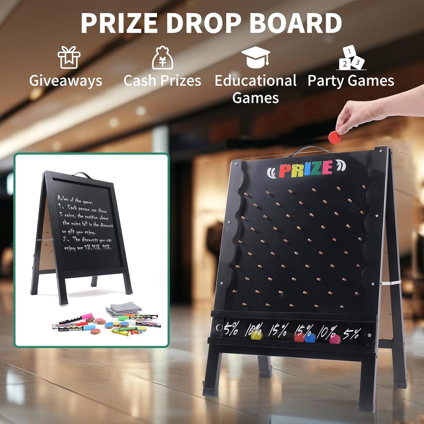Prize Drop Game Board, 21"x30" Double-Sided Foldable Design with Wooden A-Frame Chalkboard Sign for Family, Carnival, Trade Show & Party - Includes 10 Coin Drop Discs and Chalk Set, Portable Design