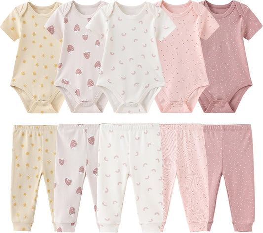 Baby Boy Girl 10 Piece Combined Type Clothing Set Cotton Baby Bodysuits and Pants Set Home Outdoor Infant Clothes
