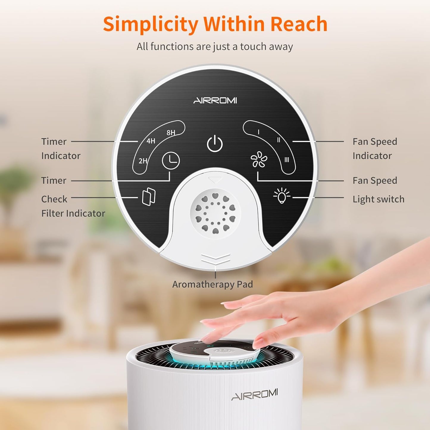 AIRROMI Air Purifier for Bedroom with HEPA 3-in-1 Filter, Pet Air Purifier for Home Cat Pee Smell, Covers Upto 990 Ft², Quiet 360° intake Air Cleaner for pet hair,allergies,Dust,Smoke A2001 White