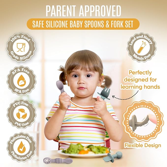 4pc Silicone Baby Spoons Self Feeding Baby Utensils 6-12 Months - 3 Baby Spoon - 1 Baby Fork - Toddler Cutlery Set - BPA Free, Dishwasher Safe, Baby Eating Essentials (Light pink/Army Green)