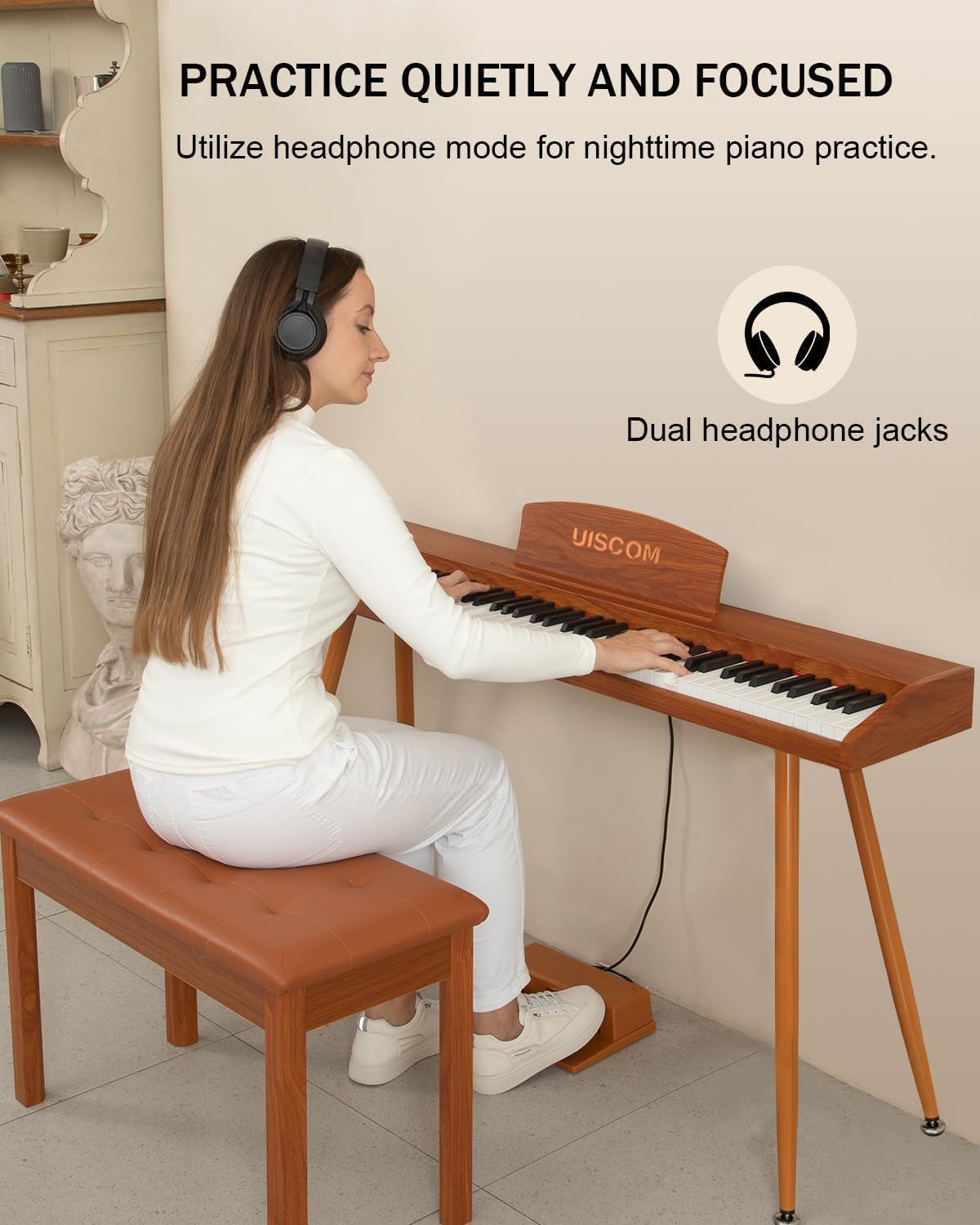 Digital Piano Keyboard 88 Key Semi-Weighted for Beginners,Full Size Electric Piano with Stand,Triple Pedal,Adapter,Sheet Music Stand,Headphone,USB-MIDI Compatible,Wood Brown or black