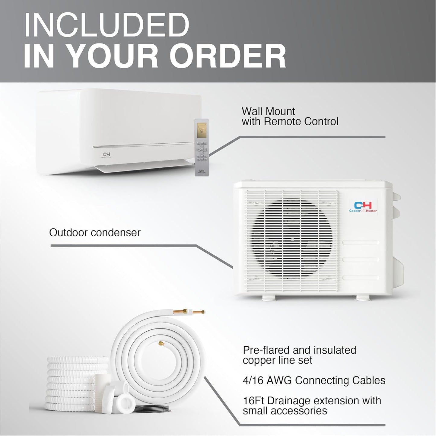 Cooper & Hunter 18,000 BTU, 230V 19 SEER Ductless Mini Split AC/Heating System Pre-Charged Inverter Heat Pump with 16ft Installation Kit