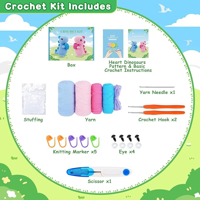 Heart Dinosaurs Crochet Kit for Beginners - 2PCS Blue and Pink Dinosaurs Crochet Kit with Step-by-Step Video Tutorials, Dinosaur Crochet Starter Kit for Adult Kid, Crochet Stuffed Animal Knitting Kit