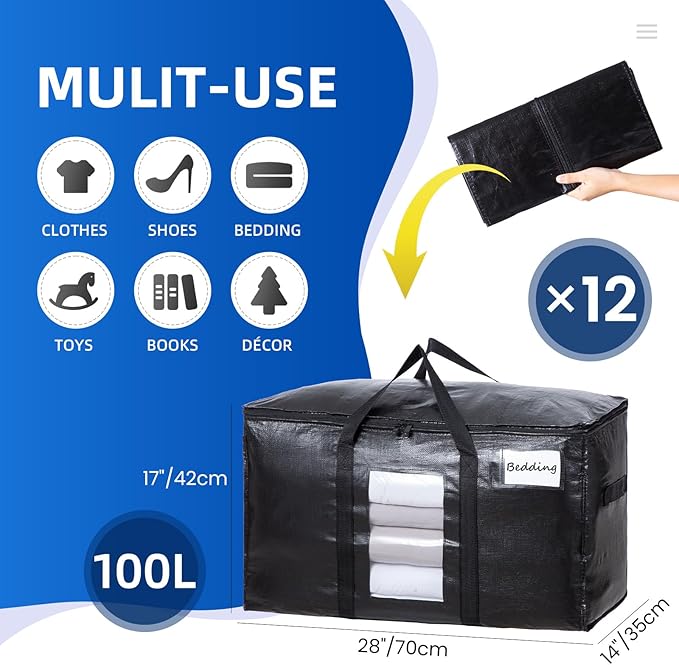 TAILI Extra Large Moving Bags, 12 Pack Black Heavy Duty Totes For Storage with Visible Window, Wrap Around Handles, Storage Bags for Space Saving, Alternative to Moving Boxes