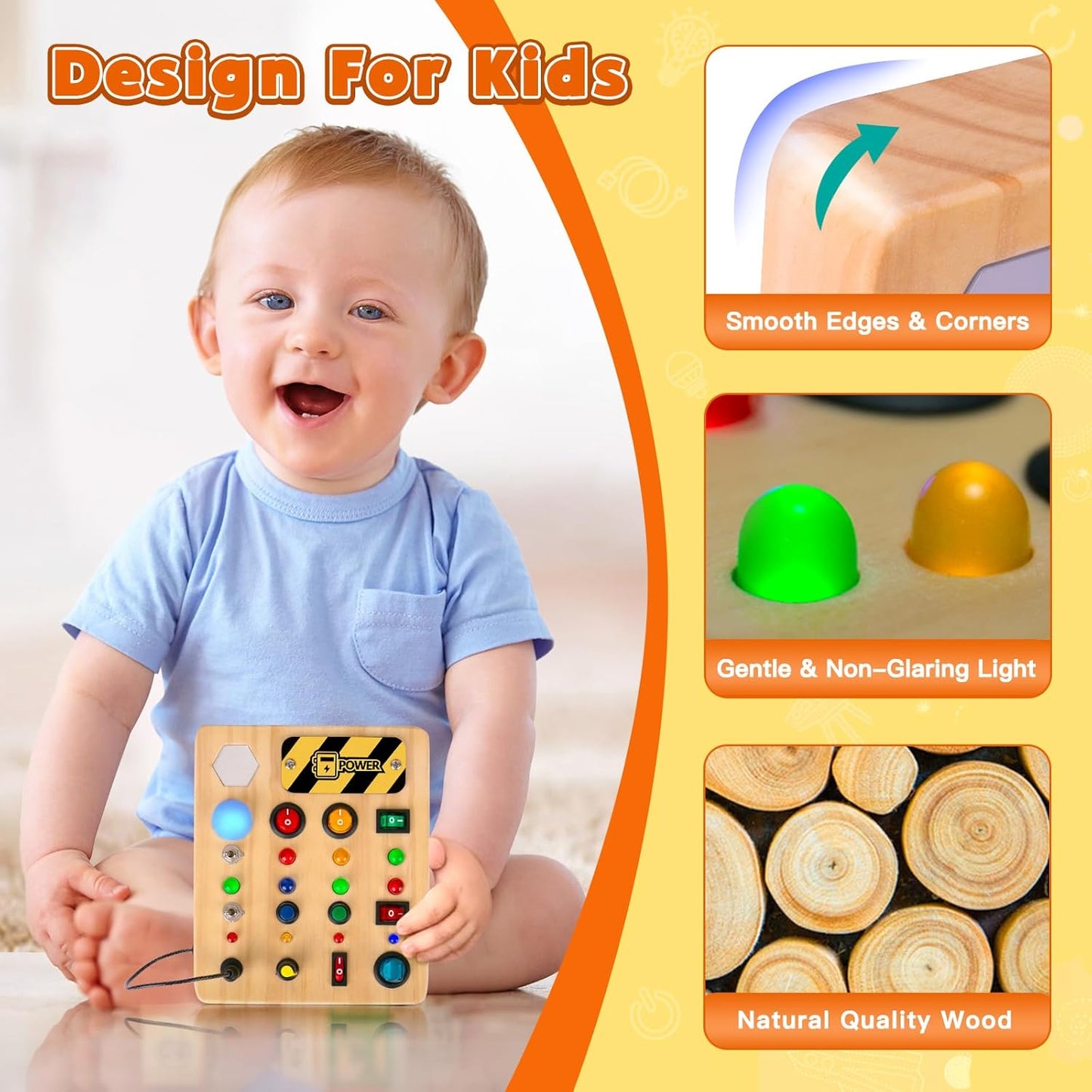 LED Busy Board, Wooden Sensory Toys for Toddler, Montessori Music Toy for Airplane, Travel Activity Educational Learning Toy, Busy Light Switch Autism Toys, Birthday Boys Girls Gifts