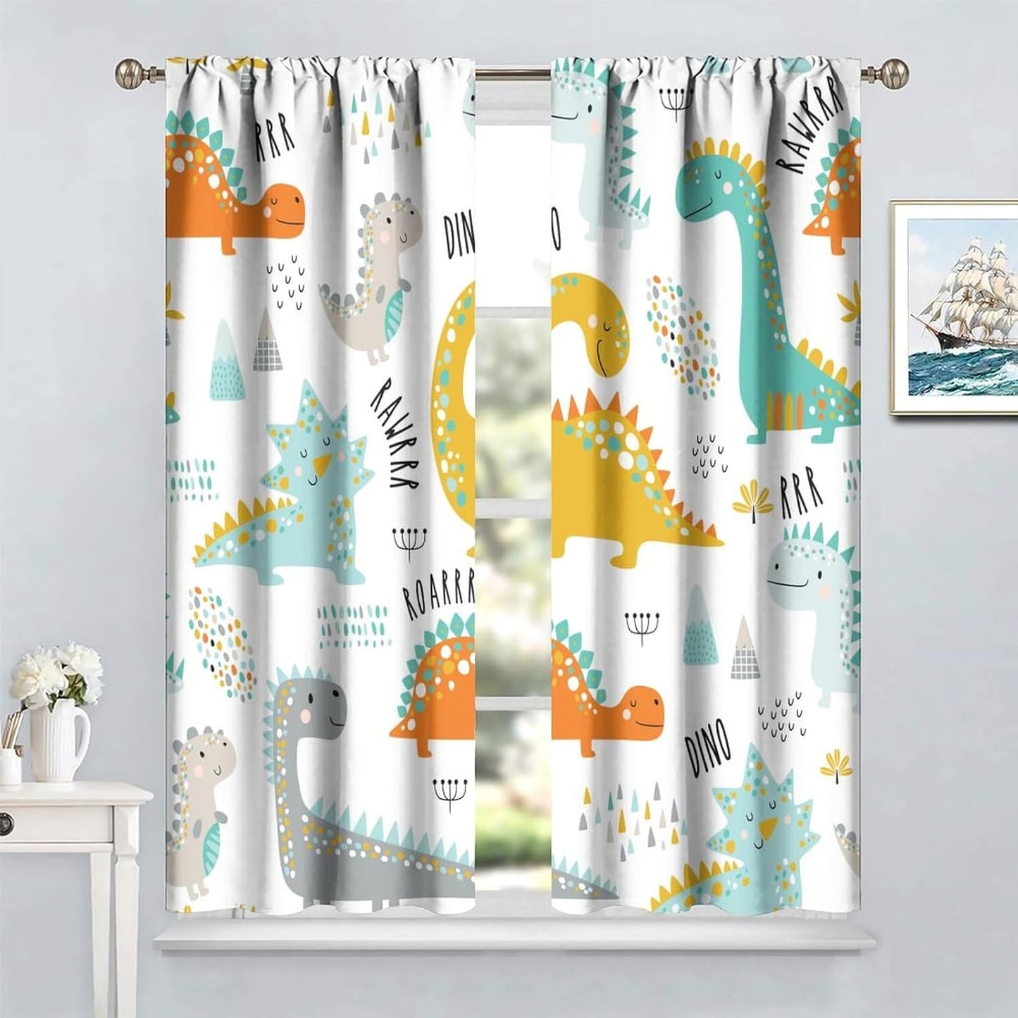 Dinosaur Curtains for Kids Boys Girls Home Decor Childish Cute Dino Animals Print Pattern Rod Pocket Blackout Window Drapes for Nursery Baby Bedroom Playroom W21xL45in Decor