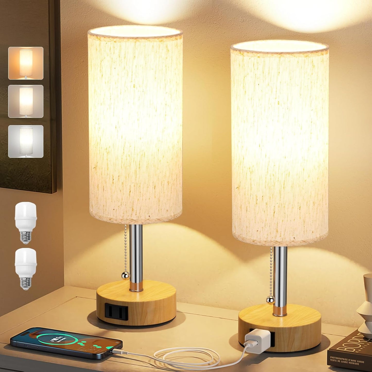 Wood Grain Bedside Table Lamps Set of 2-3 Color Temperatures Pull Chain Lamp with AC Outlet Charging Port, Round Night Stand Lamps for Bedroom Office, Small Bed Light with E26 LED Bulbs