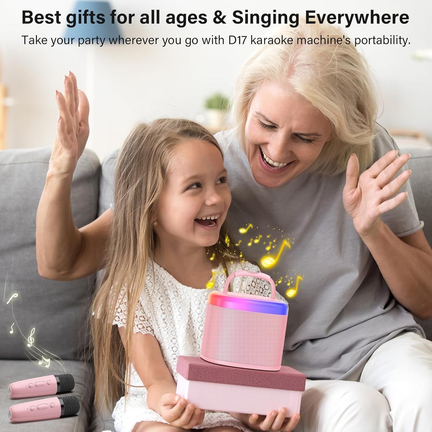 JYX Mini Karaoke Machine for Kids, Portable Bluetooth Karaoke Speaker Unpowered Cabinets with 1 Wireless Microphones and Party Lights and Adults, Birthday Gifts for Girls Boys Family Home Party(Pink)