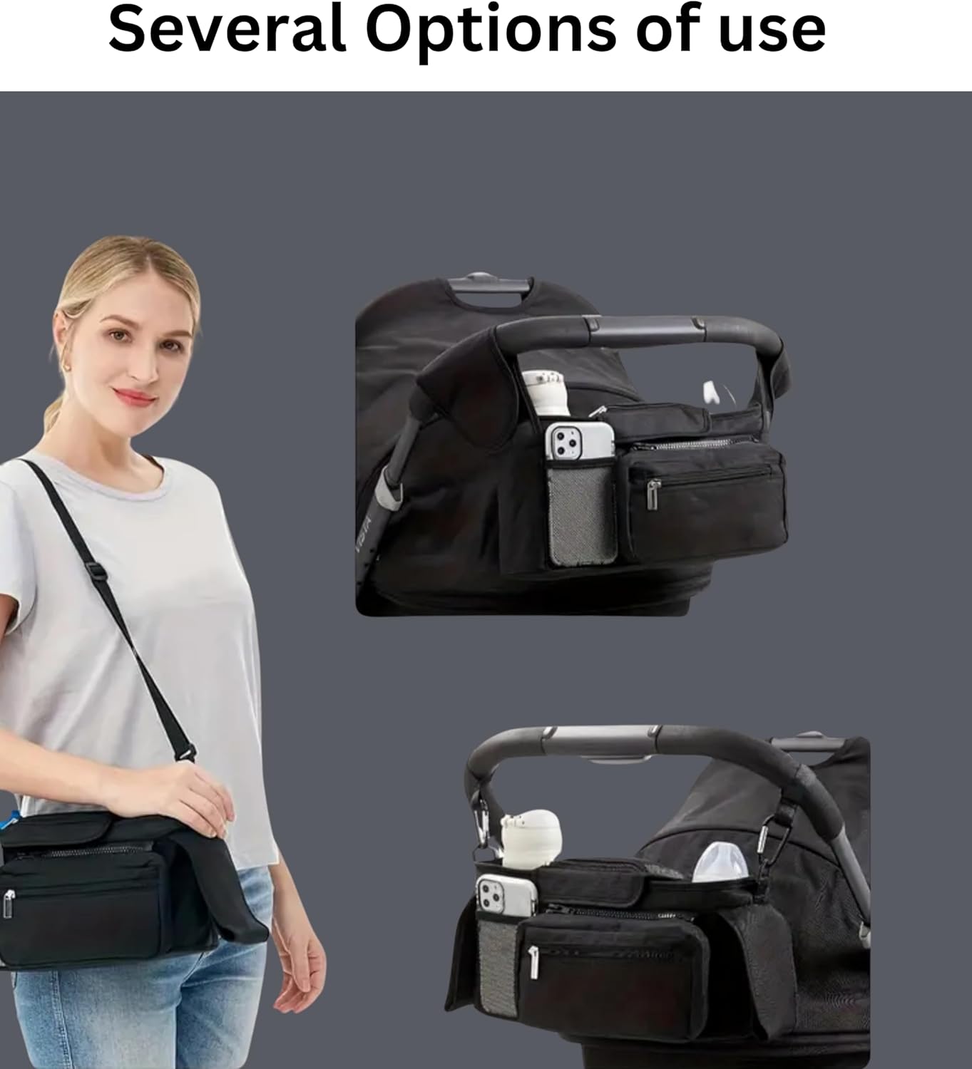 GajetNest Universal Stroller Organizer with Insulated Cup Holder Detachable Phone Bag and Carry Strap Fits Uppababy, Baby Jogger, Britax, BOB, Umbrella and Pet Stroller and more (Black)