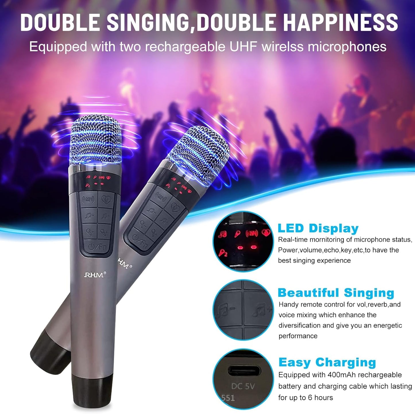 RHM K222 Karaoke Machine with 2 UHF Wireless Microphones & 5 Music Modes, Support Optical/Bluetooth/AUX/USB/PC, Wooden Home Karaoke Singing Machine for TV, Home, Karaoke, Singing Party, Christmas