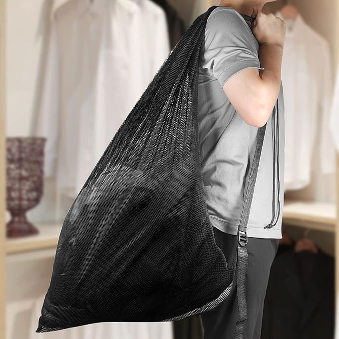 Mesh Laundry Bags with Adjustable Shoulder Strap, 24" x 36" Heavy Duty Nylon, Drawstring Closure, 3-Pack, Mixed Colors
