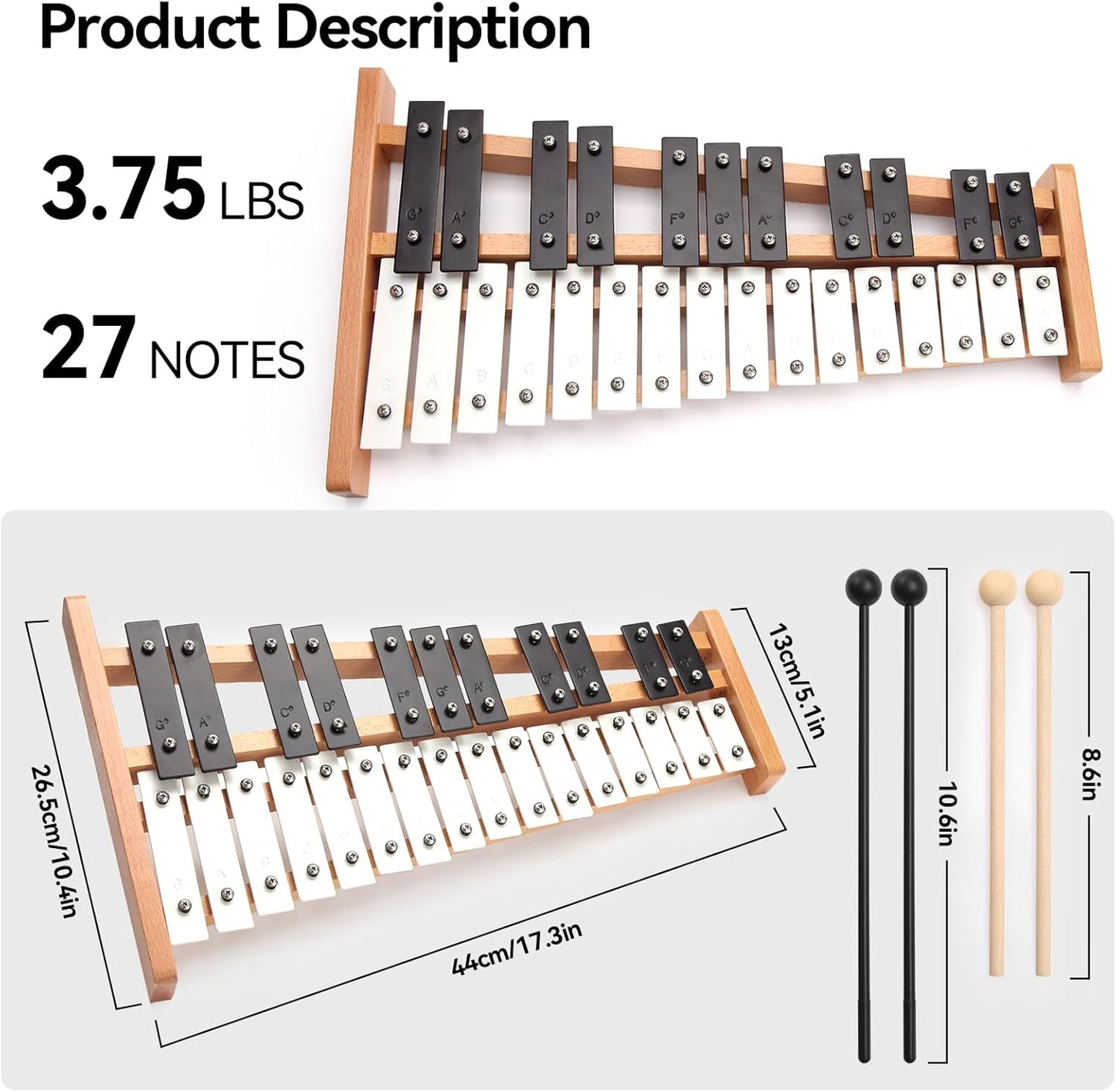 Heuyrao 27 Notes Glockenspiel Xylophone, Professional Wooden Glockenspiel Instrument, Xylophone Bell Kit for Adults and Kids- Includes 4 Mallets and Carrying Bag - Black & White