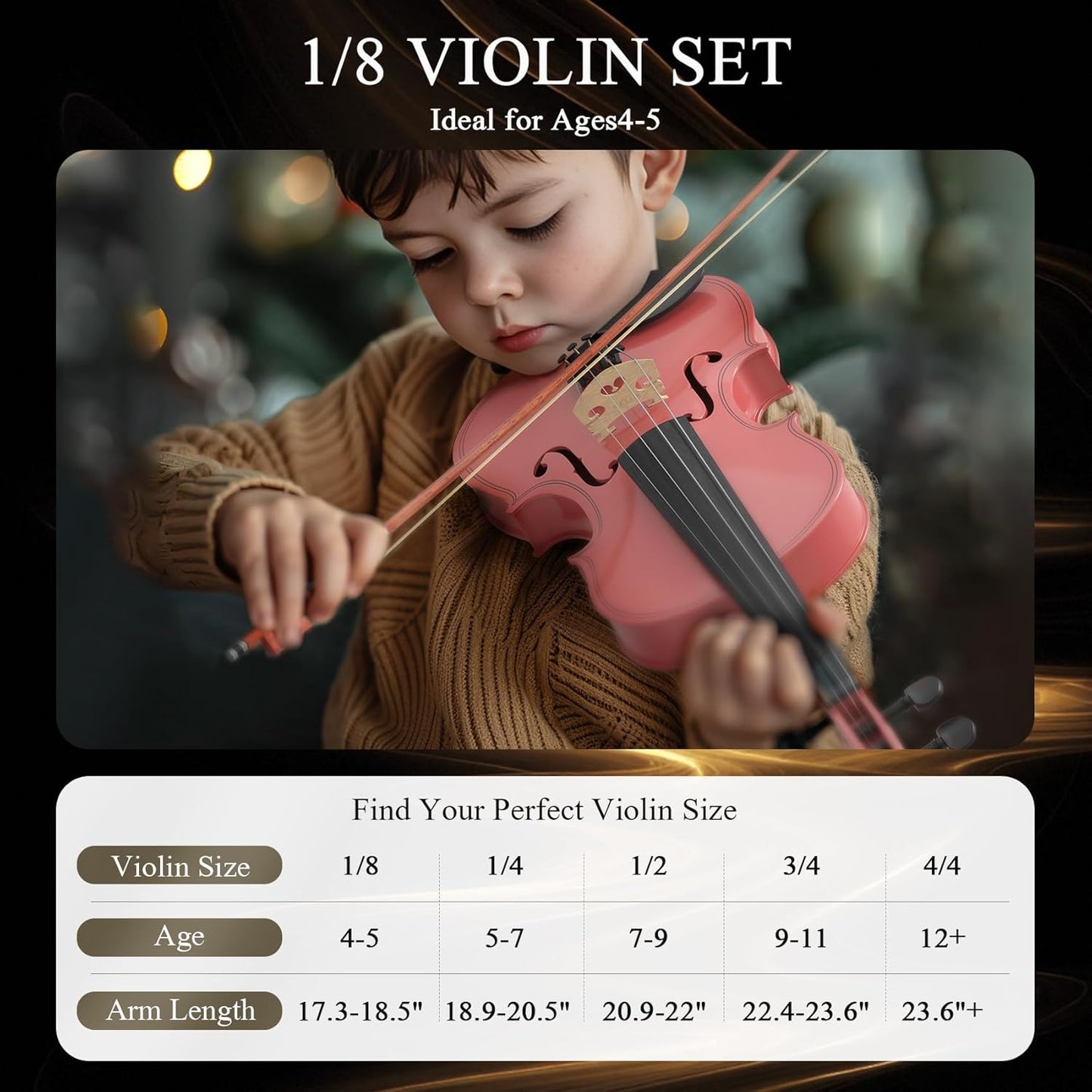 1/8 Beginner Violin Kit, Complete Violin Set with Case, Bow, Rosin,Pink