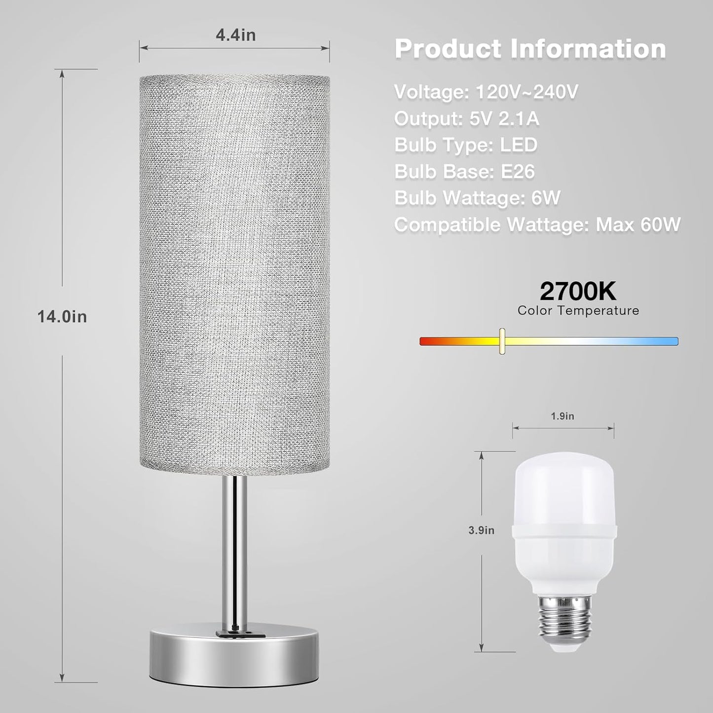 Grey Touch Nightstand Lamps for Girl - Small Bedside Lamp with USB-C and USB Charging Ports, 3 Way Dimmable Control Table Lamp for Living Room Office, Dorm, Reading with Fabric Shade Silver Base