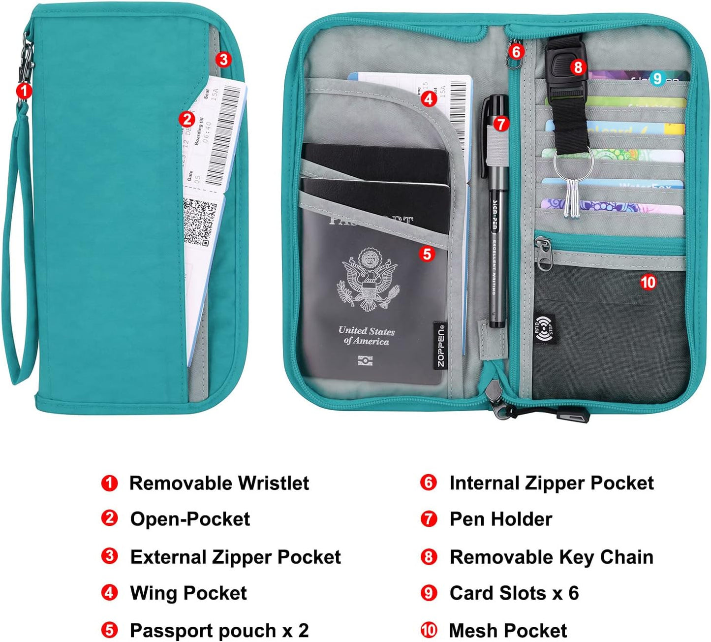 ZOPPEN Passport Holder Family RFID Passport Wallet, Passport Holder Women/Men, Travel Wallet Documents Organizer Zipper Case with Removable Wristlet Strap, Travel Essentials for Flying