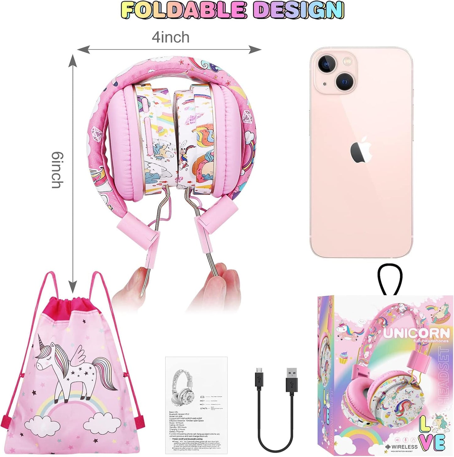 QearFun Unicorn Bluetooth Headphones for Girls - with Microphone & 3.5mm Jack, Adjustable Headband for Kids Teens Toddlers, School iPad Tablet PC Smartphones Compatible (Pink)