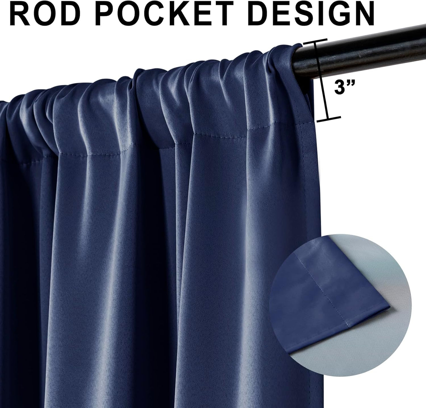 XWZO Full Shading Blackout Curtains 84 Inches Length with Tiebacks- Heat and Light Blocking Rod Pocket Window Drapes with Black Liner Backing for Bedroom/Kid's Room, Navy Blue, W42 x L84, Set of 2