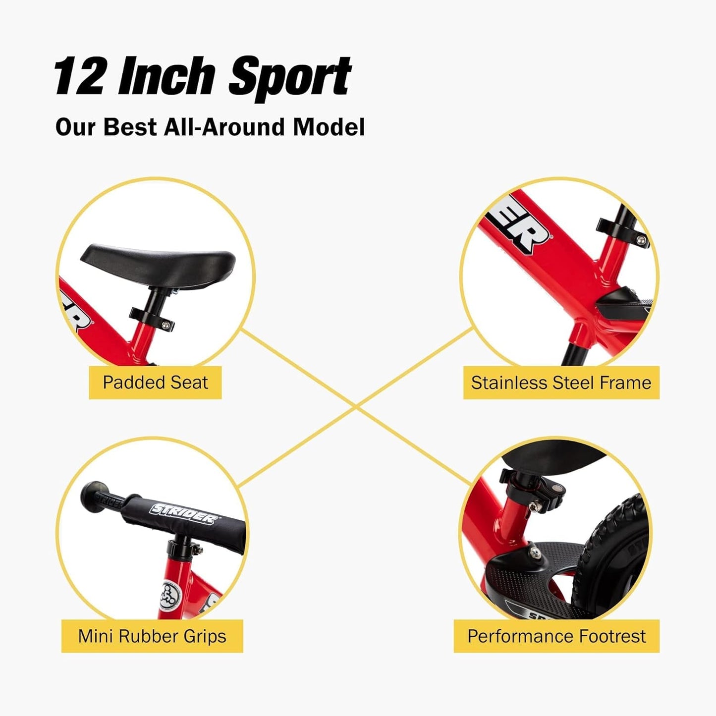 Strider 12” Sport Bike - No Pedal Balance Bicycle for Kids 1 to 4 Years - Includes Safety Pad, Padded Seat, Mini Grips & Flat-Free Tires - Tool-Free Assembly & Adjustments