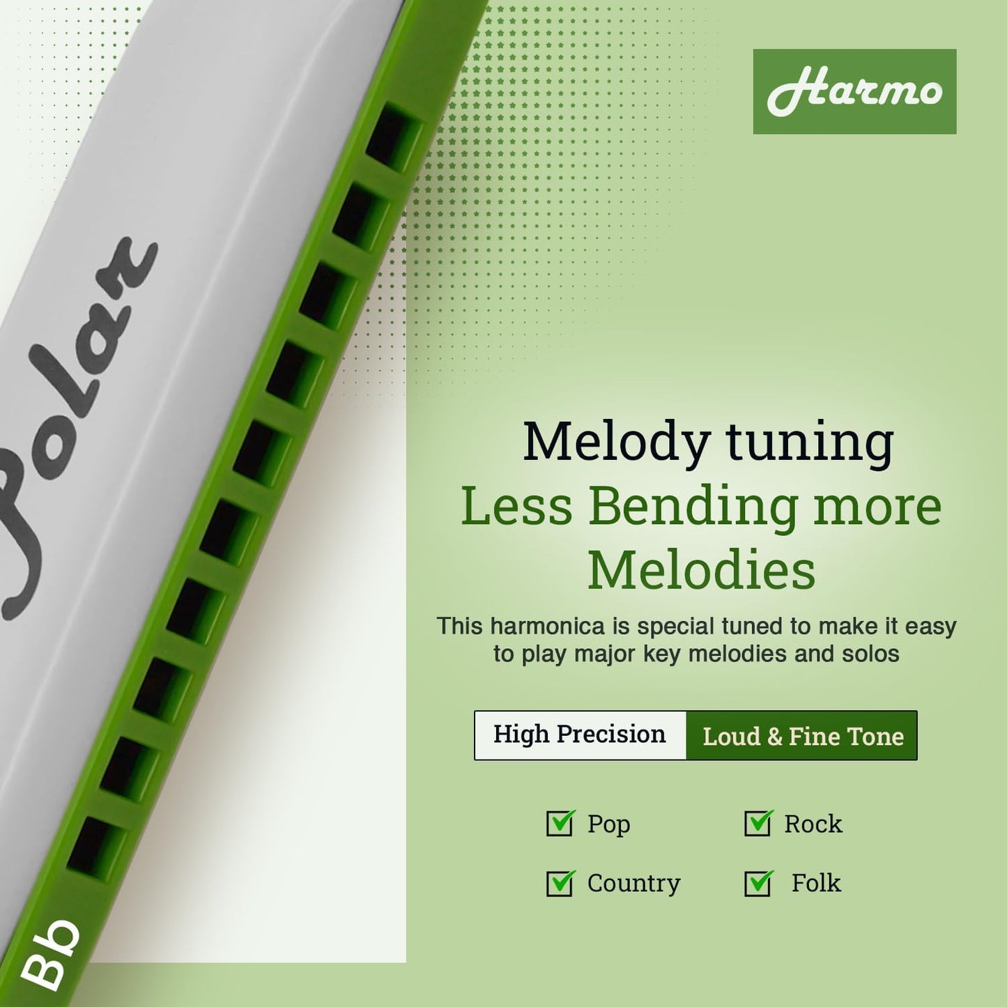 Polar Diatonic Melody Tuned Harmo Harmonica Key of Bb - Special Tuning for Easy Melodies in Cross Harp, 2 Octaves Without Bends, Loud & Responsive with Smooth Edges - USA-Checked