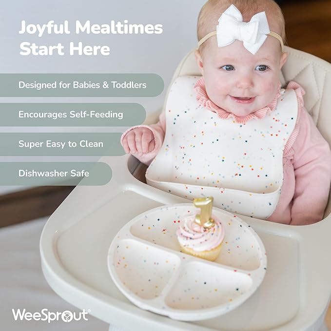 WeeSprout Baby Led Weaning Bundle, Silicone Suction Bowl, Spoons, Bib & Cup, Develops Self Feeding Skills, Dishwasher Safe (Pink)