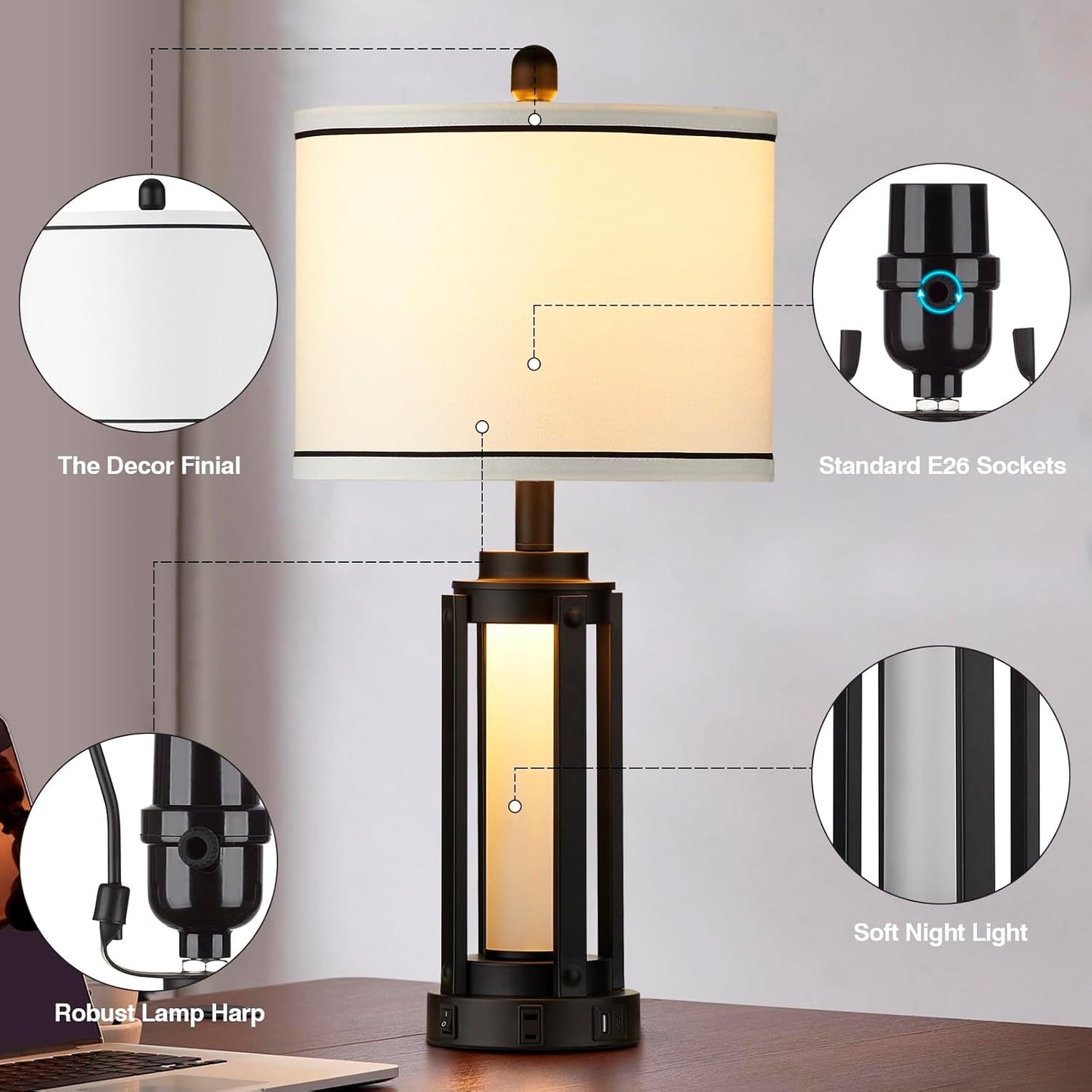 25" Modern Table Lamps Set of 2, Industrial Beside Lamps with USB A+C Charging Ports & AC Outlet, Nightstand Lamp with Glass Night Light for Living Room Bedroom End Table Decor White(4 Bulbs Included)