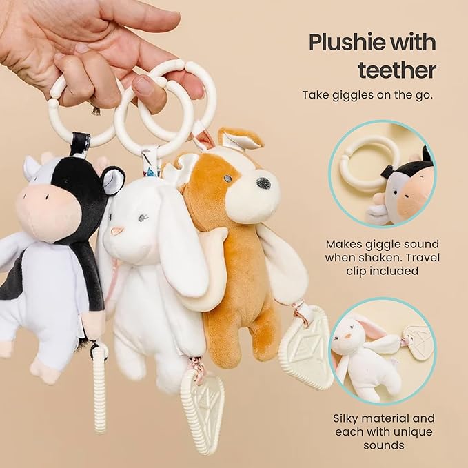 Copper Pearl On-The-Go Plush: Clip On Baby Toys for Travel, Soft Stuffed Bunny Plush with Teether for Sensory Development - Bella Bunny