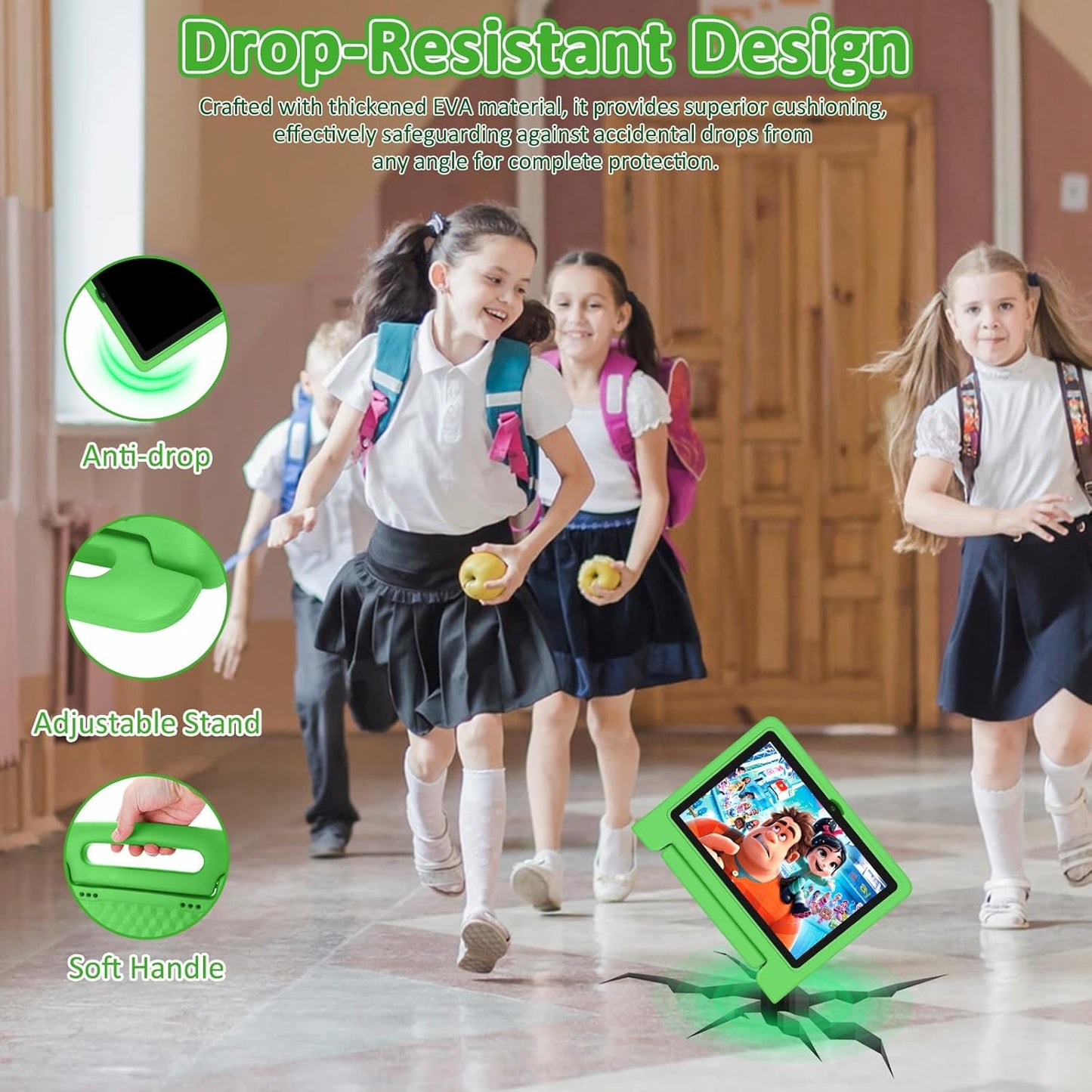Tablet for Kids, 10.1 inch IPS HD Touchscreen Android 14 64 GB Storage, 8GB RAM, Octa Core Kids Tablet, Parental Controls, 12-hr Battery, WiFi, GPS - Green