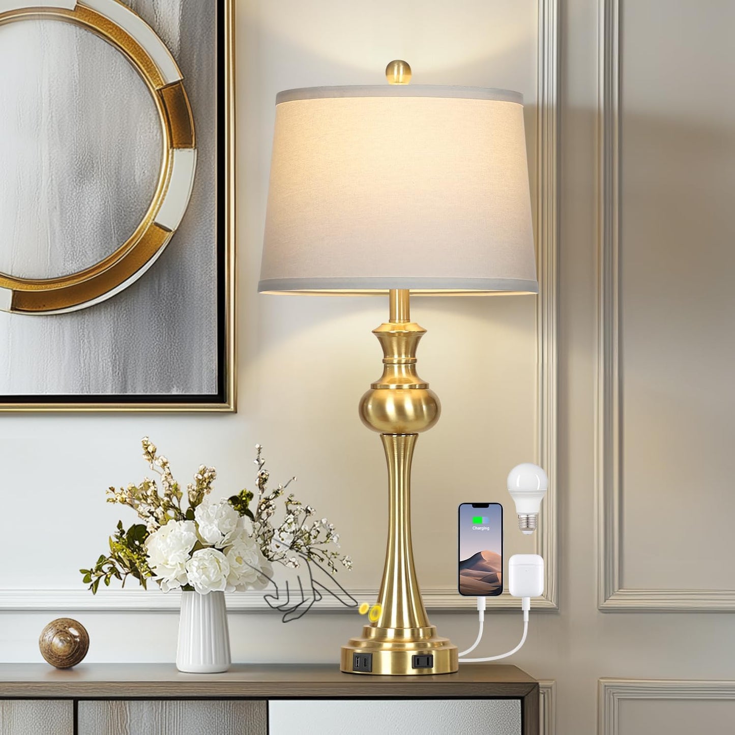 28.75'' Gold Table Lamps for Living Room, 3 Way Touch Control Bedside Lamps with USB A+C Ports & AC Outlets, Modern Metal Nightstand Lamps for Bedroom Living Room Office End Table（Bulb Included）