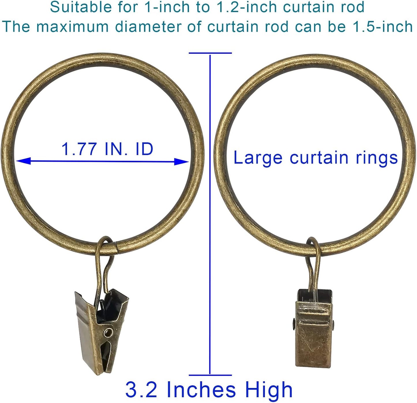 40 Pack Bronze Curtain Rings with Clips, Curtain Hooks Hangers Clip Rings for Hanging Drapes Bows Hat, Drapery Rings 1.77 in I D, Fits up to 1.5 in Diameter Curtain Rod.