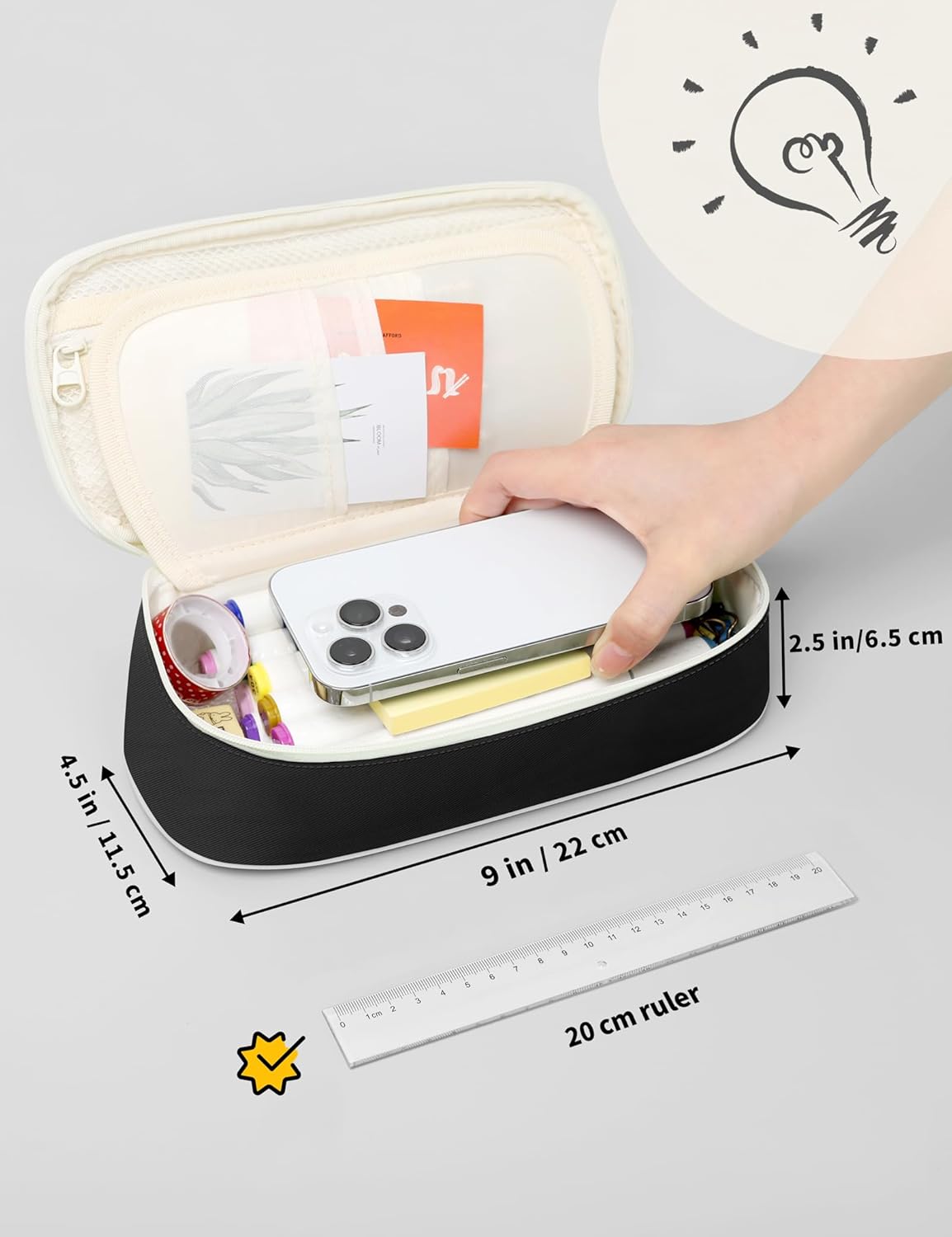 SUNEE Cute Pencil Case, Aesthetic Pen Pouch, Colored Large Pencil Bag with Zipper, Kawaii Stationery Storage and Organizer, Black School Supplies for Teen and Adult Girls