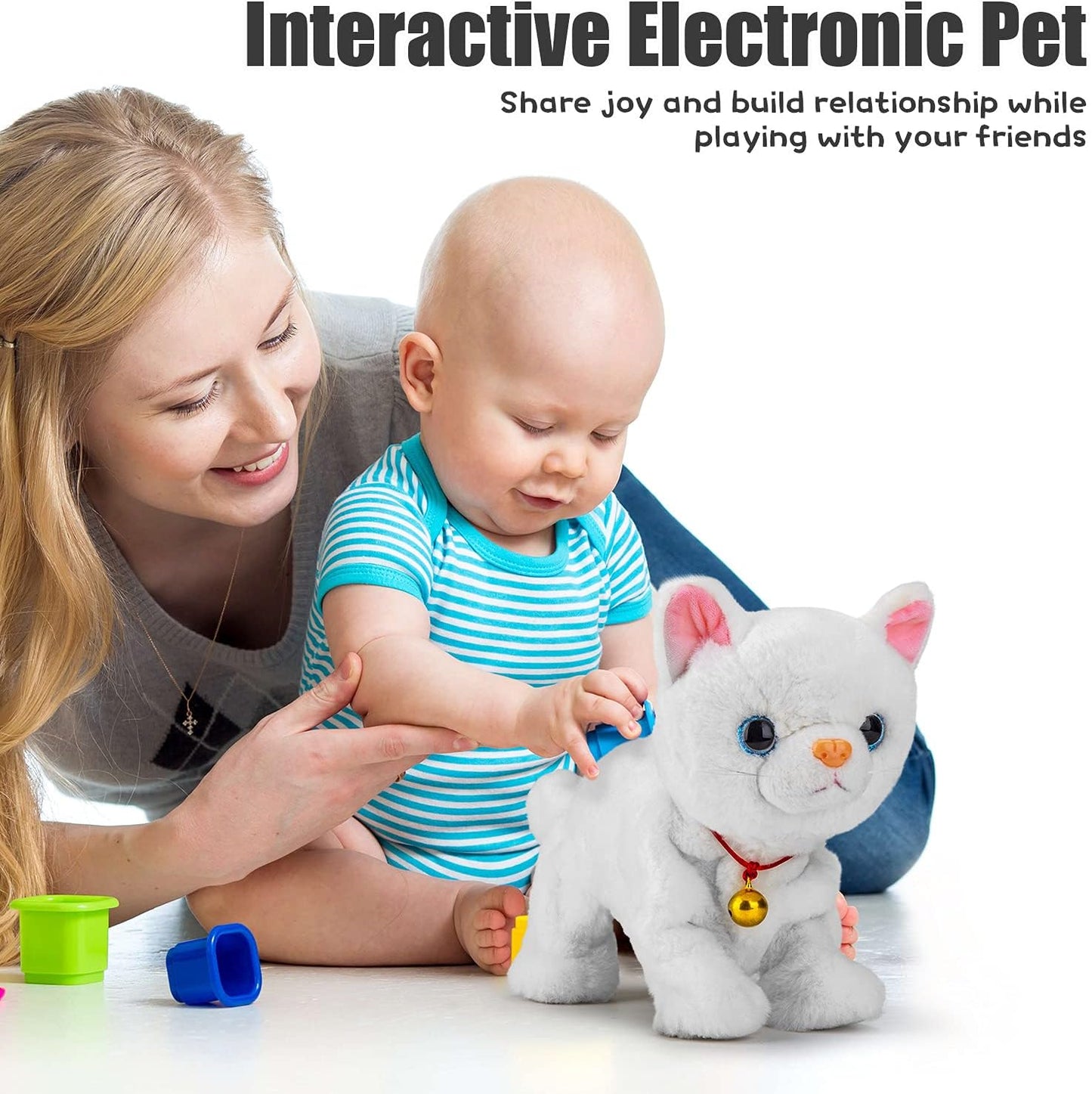 Smalody Interactive Electronic Plush Toy - Upgrade Robot Talking Cat Toys with LED Light Eyes, Animals Sound Control Electronic Pet for Kids, Kitten Toys for Boys & Girls Kids(White)