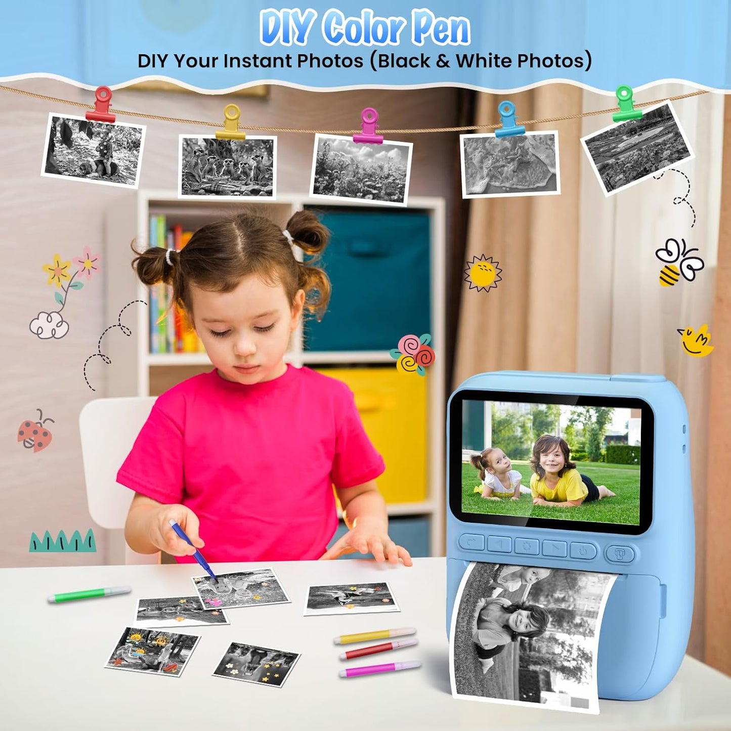 Kids Camera Instant Print, 3.0" HD 32MP Birthday Gifts for 3-12 Year Old Girls Boys, 1080P Digital Camera for Toddler Children, Portable Toy with 32GB SD Card-Blue