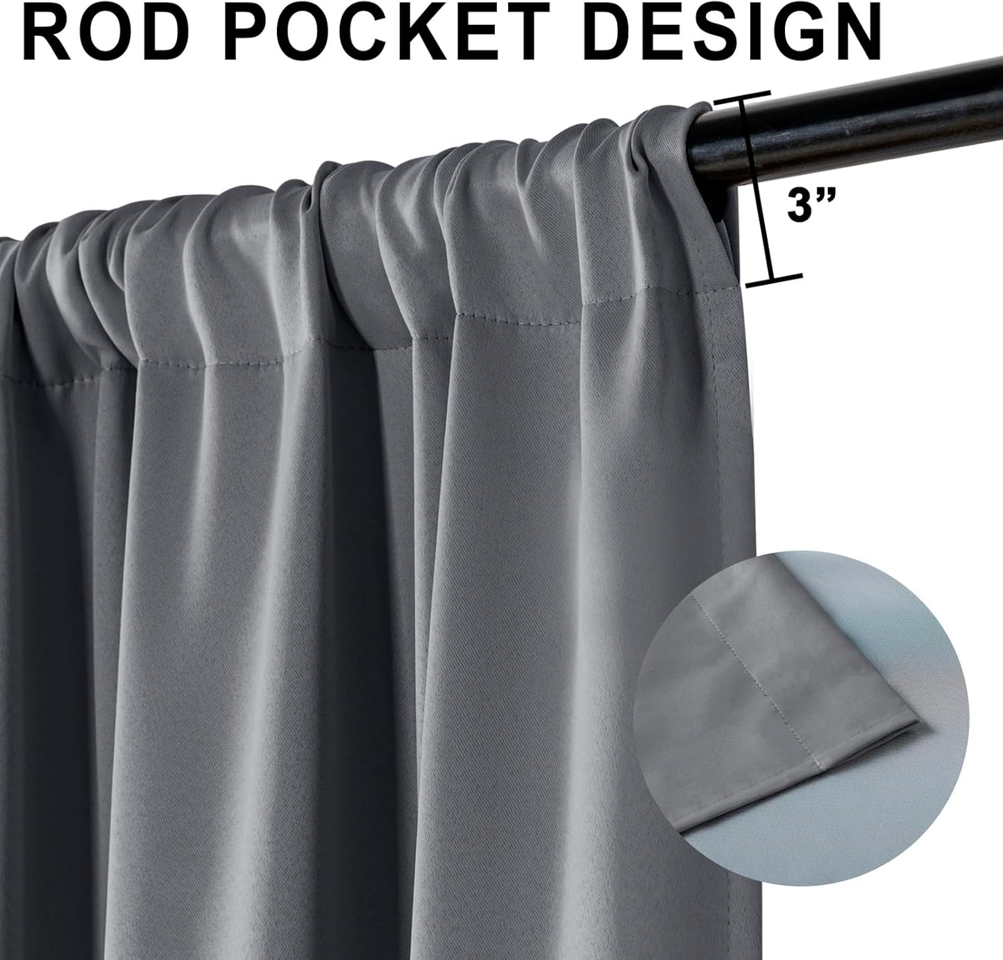 XWZO 100% Blackout Curtains 54 Inches Long with Tiebacks- Privacy Protection & Noise Blocking Rod Pocket Window Draperies with Black Liner for Bedroom/Living Room, Dark Grey, W52 x L54, Set of 2