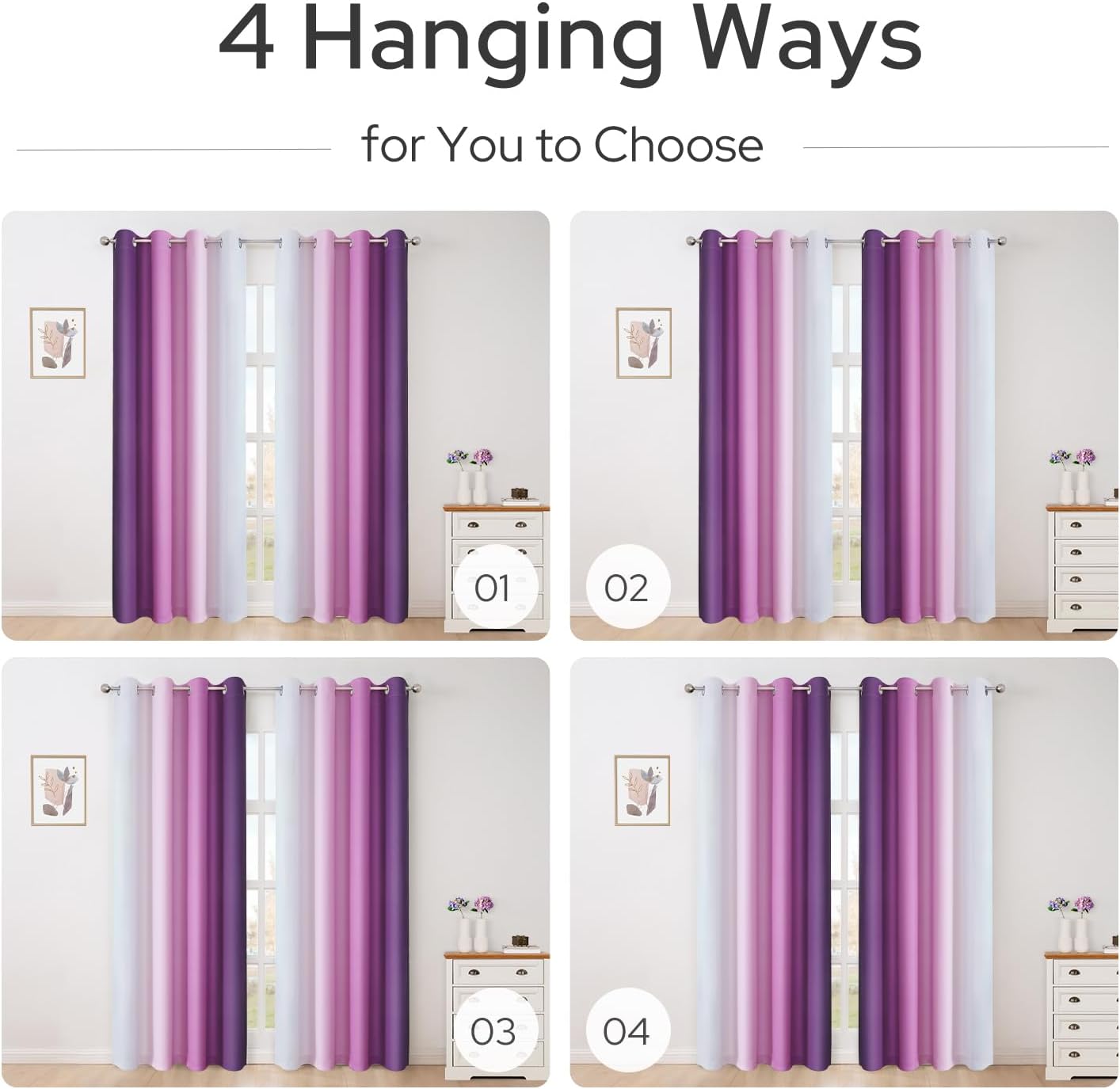 HOMEIDEAS Purple Ombre Blackout Curtains, 52 X 84 Inch Length Gradient Color Room Darkening Curtains with Grommet Thermal Insulated Window Drapes for Living Room, Bedroom, 2 Panels