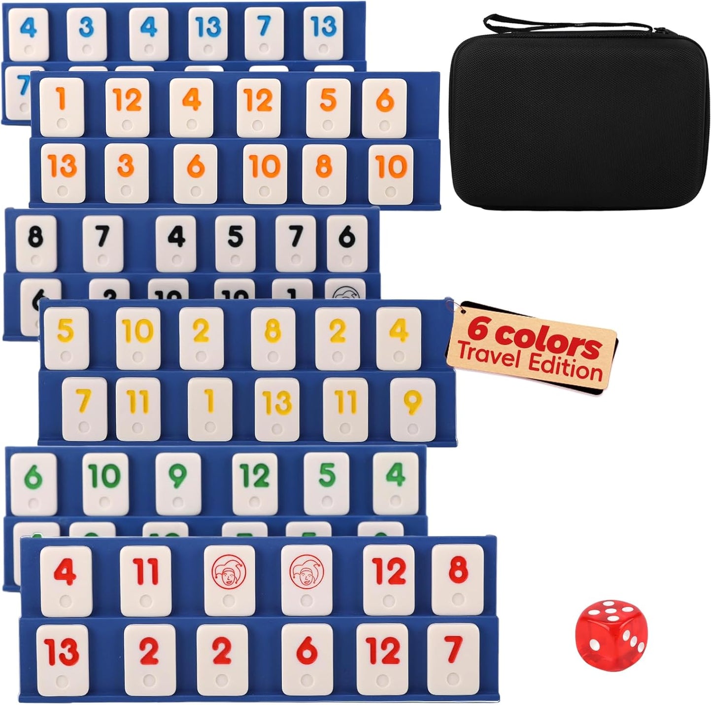 Mini Rummy Cube Game Set 6 Players with 6 Holders and 160 Rummy Tiles, Small Travel and Family Board Game for Adults and Kids