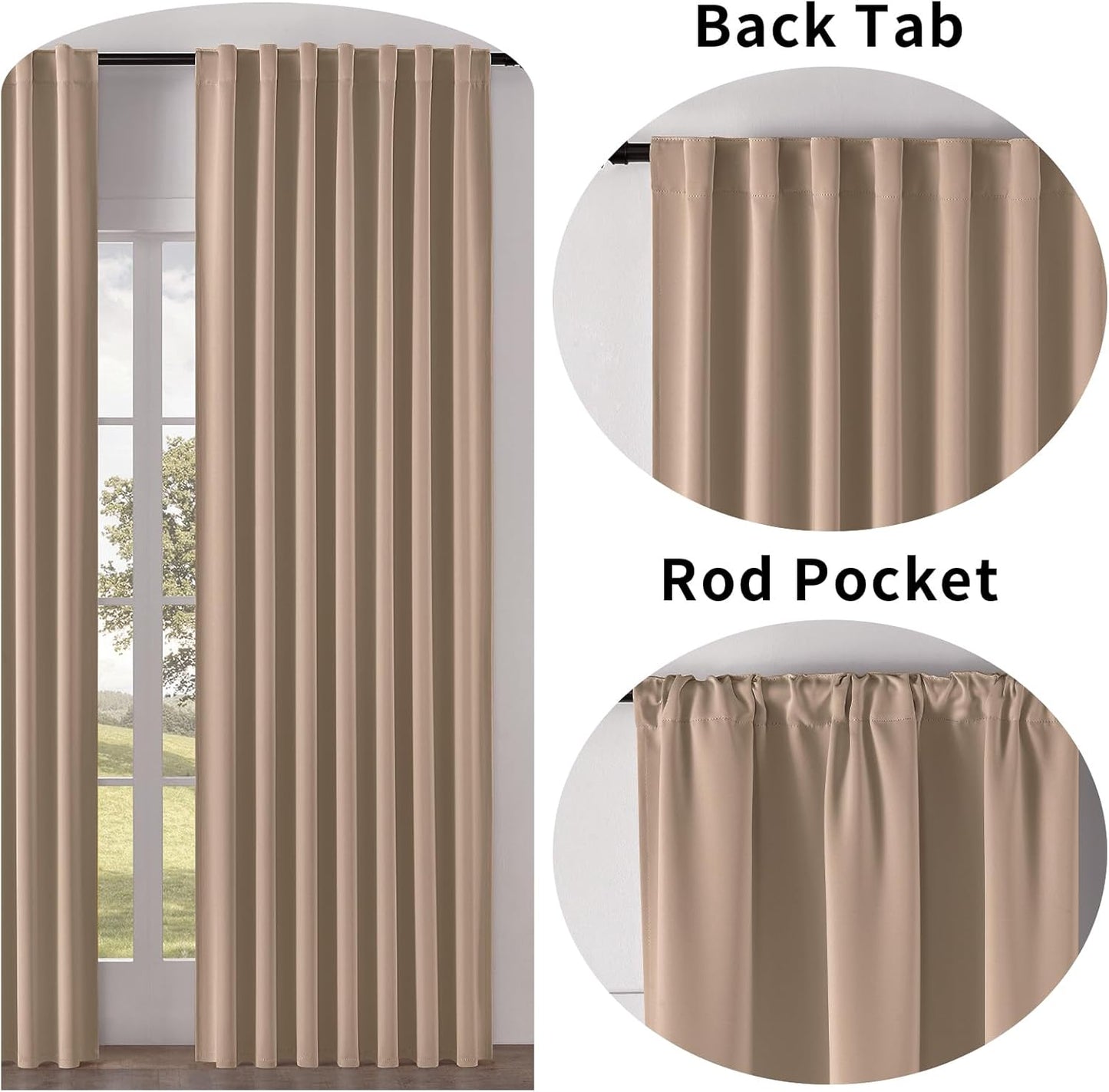 Joydeco 72 Inch Blackout Curtains for Bedroom, Thermal Insulated Black Out Curtains, Room Darkening Drapes for Living Room Window Rod Pocket Back Tab (W52 x L72 Inch, Khaki)