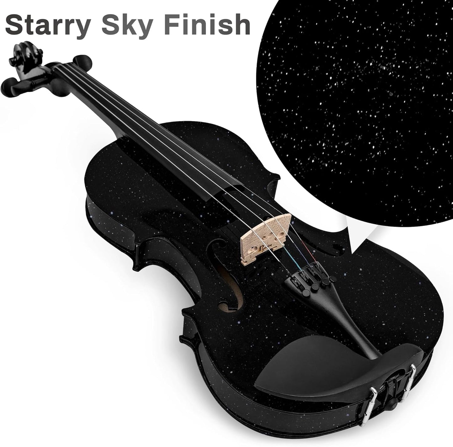 Poseidon Violin 4/4 Full Size Set, Black Violin for Beginners Adult Kid, Stringed Musical Instrument w/Case, Extra Violin 4/4 Strings Set, Violin Bow, Horse Bridge, Rosin, Shoulder Rest, Tuner, Manual
