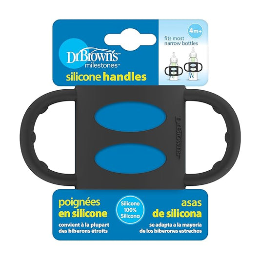 Dr. Brown's Narrow Baby Bottle Handles, 100% Silicone, Easy Grip Removable Handles for Bottle to Sippy Cup Transition, Black, 4m+
