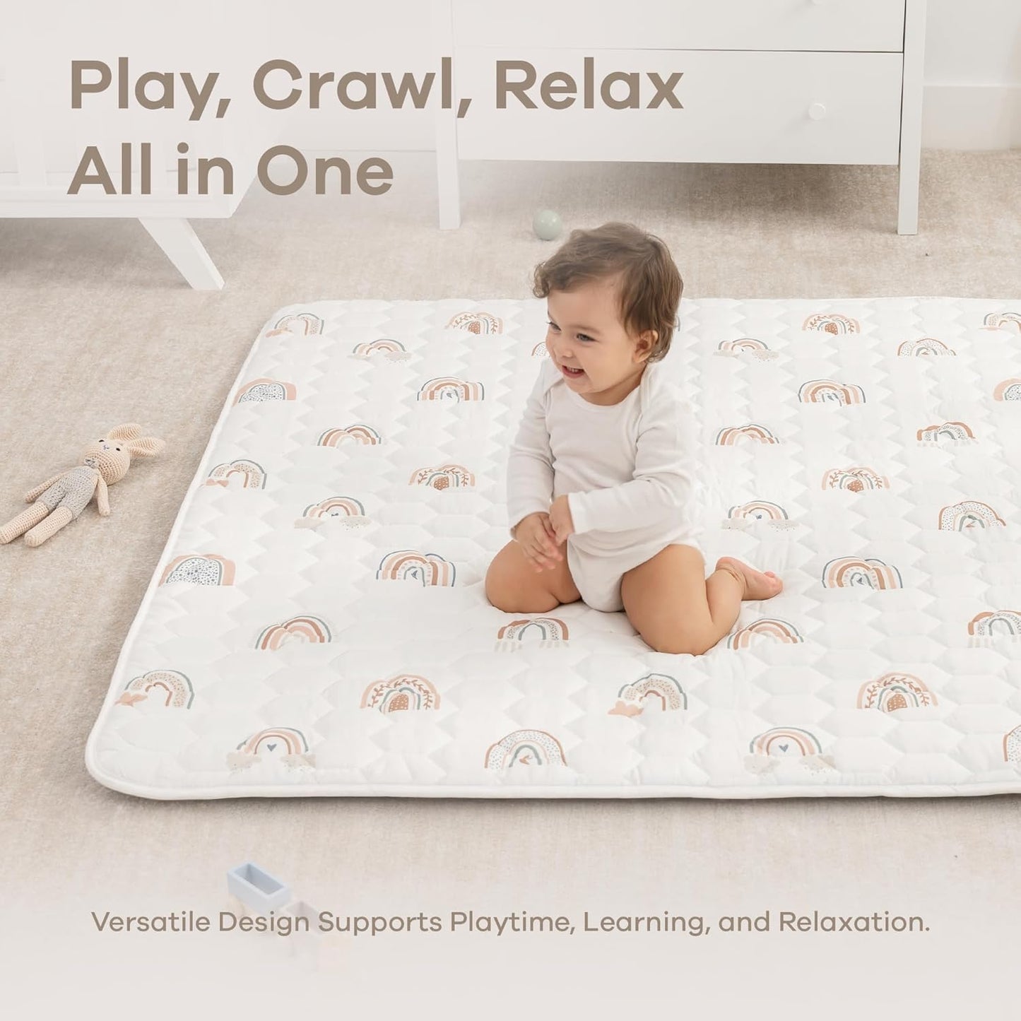 Comfy Cubs Rectangle Kids Play Mat - Medium 48 x 72 inches Soft Quilted Baby Floor Mat with Non-Slip Bottom - Plush Design for Toddlers Playtime and Relaxation - Comfortable and Durable - Rainbow