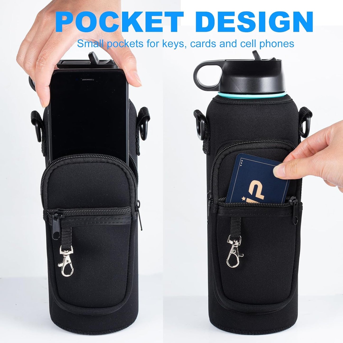 Water Bottle Holder with Strap for Hydroflask 32oz 40oz, Carrier Sling Bag with Phone Pocket Sleeve for Men Women Hiking Camping Travelling（black24/32oz）