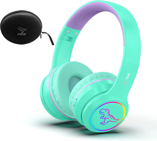 IFECCO Wireless Kids Boys Girls Headphones with Microphone,Cute Light Up Dinosaur Children Bluetooth Headphones Volume-limiting for for School Travel,Boys Girls Gifts for 3-15years
