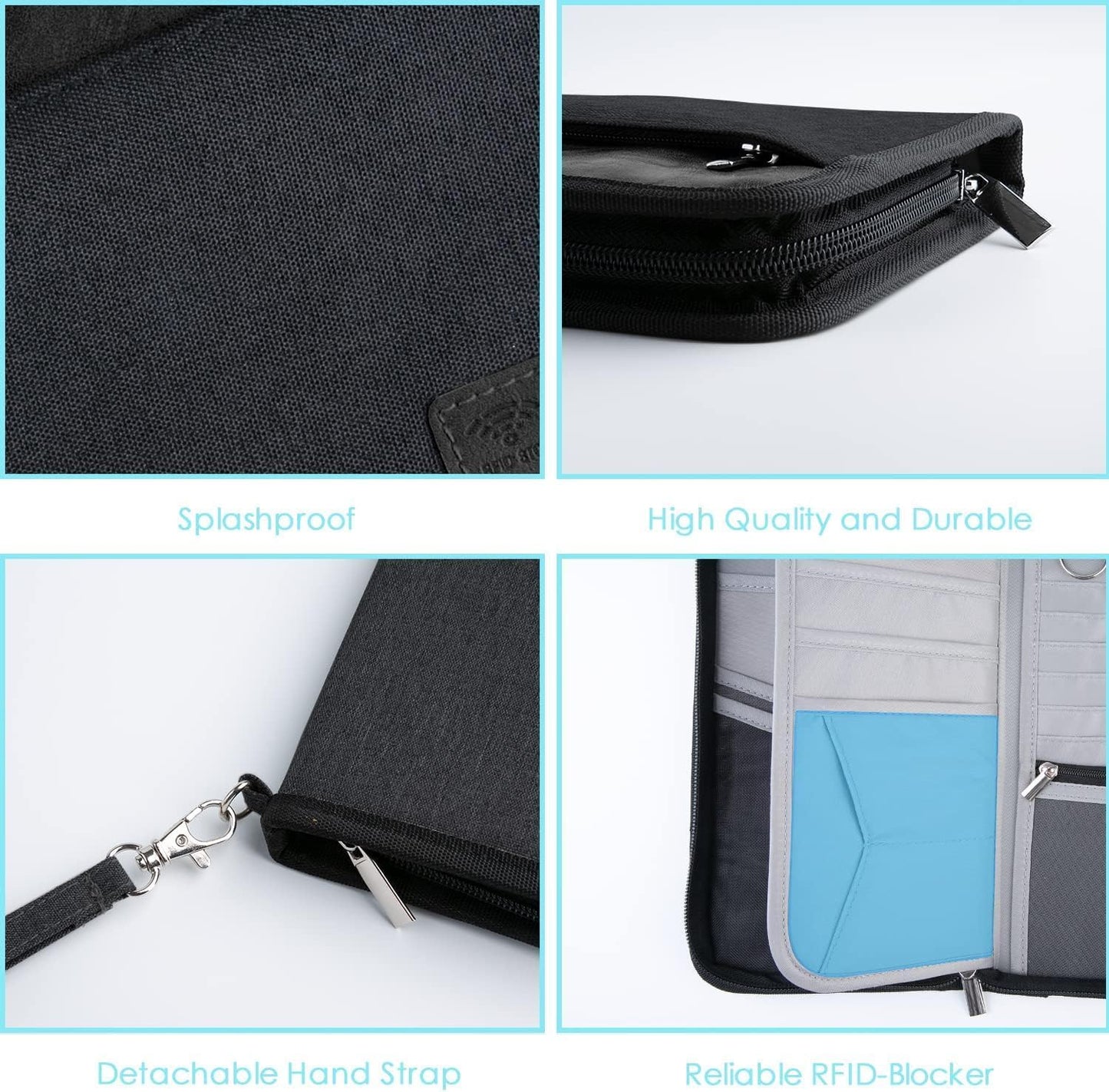 Real Leather Wallet RFID Family Passport Holder Waterproof Travel Essentials (All Black)