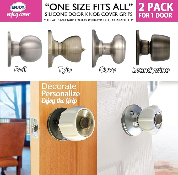 Enjoy Cover - 2 Pack Silicone Door knob Grips Maximum Grip Nonslip Arthritis & Senior Living Aids Grippy Easy Open Fits All Door Knob Universal Size Decorative (White)