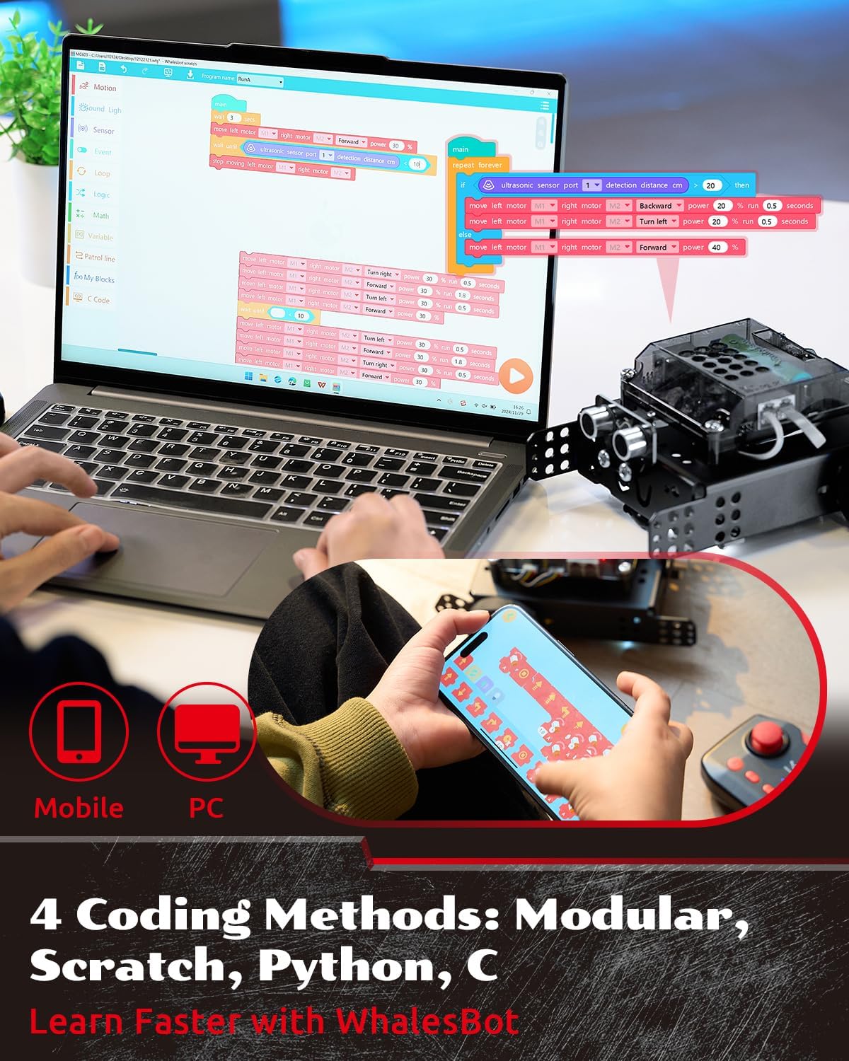 WhalesBot Rocky Smart Robot Car Coding & Remote Control Kit for Kids 8-16, Modular/Scratch/Python/C Programming, Educational Engineering Science Toy Set with Multiple Sensors and Smart Controller