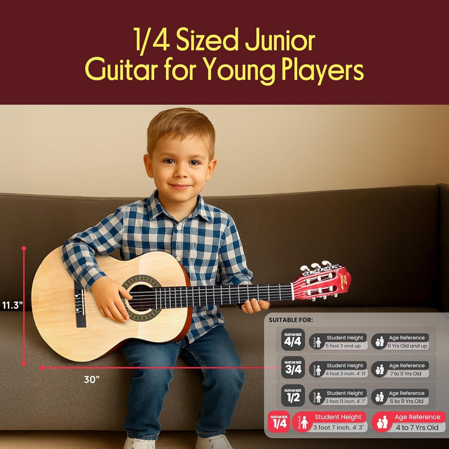 Pyle 30” Classical Acoustic 6 String Linden Traditional Style Guitar w/Wood Fretboard, Case Bag, Nylon Strap, Tuner, 3 Picks-for Beginner, Children Use, Right Handed, (PGAKT30)