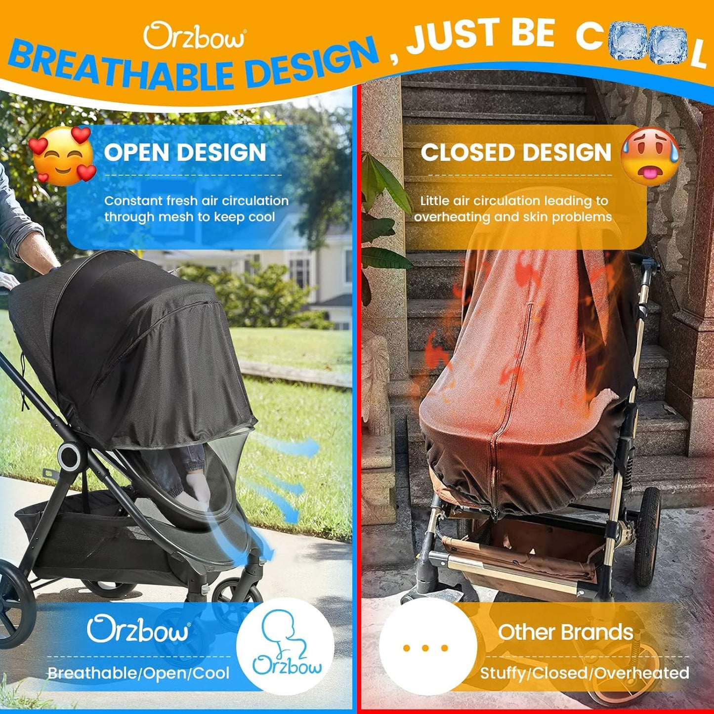 Orzbow 2-in-1 Baby Mosquito Net with UPF50+ Sunshade for Stroller, Breathable Stroller Mosquito Netting Privacy Cover with Two-Way Zipper & Storage Bag for Bassinet, Car Seat & Carrycot, Grey