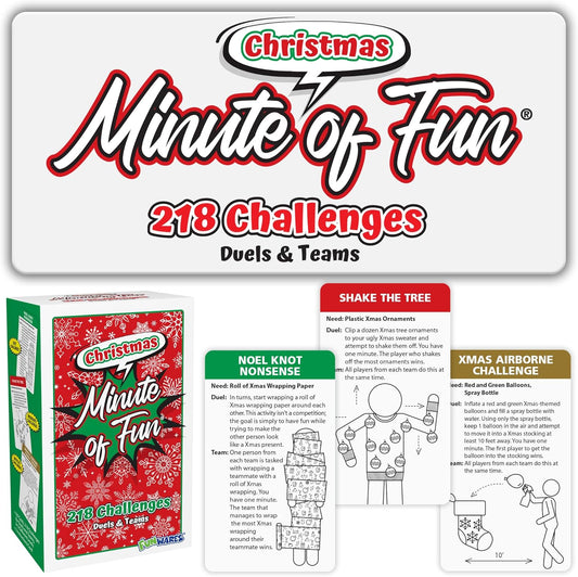 Funwares Minute of Fun Game - Minute to Win It Games for Kids, Adults, Teens, Families, Game Night, Gift for Home, Birthdays, or Travel. 2-12 Players! Xmas Edition - 218 Challenges