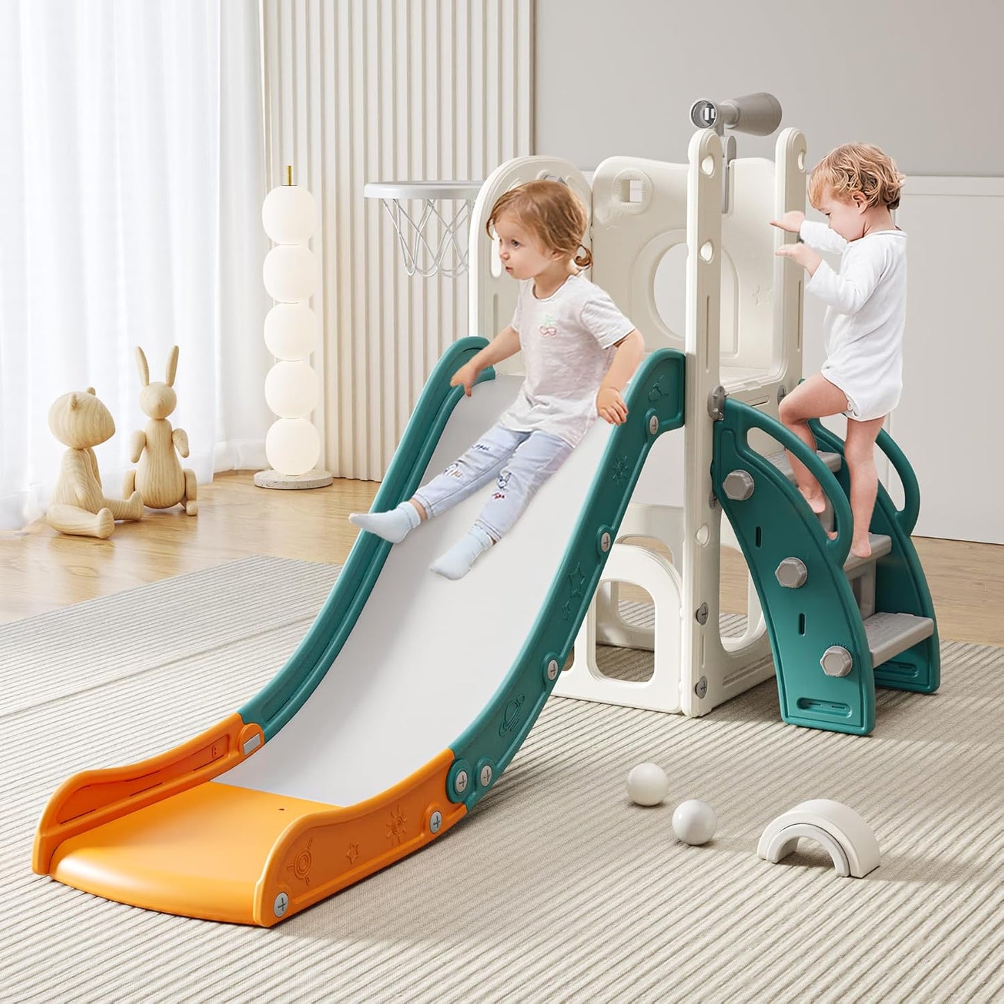 Toddler Slide Baby Slide for Toddlers Kids with Basketball Hoop Telescope Indoor Outdoor Slide Playset Playground